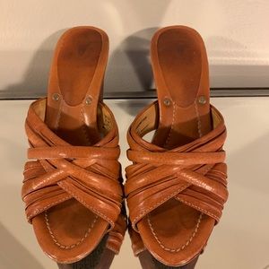 Frye Mule Heels, Tan Leather, Vintage, Sz 9.5